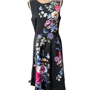 Oasis Dress Womens 12 Black Floral Butterfly Sleeveless Fit & Flare NWOT